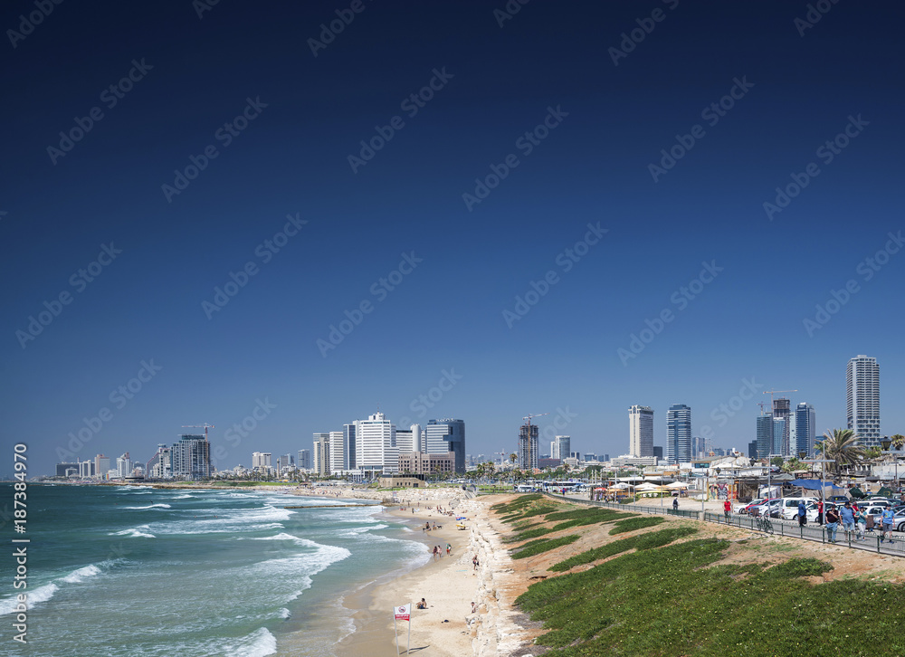 city beach and skyline view of tel aviv israel