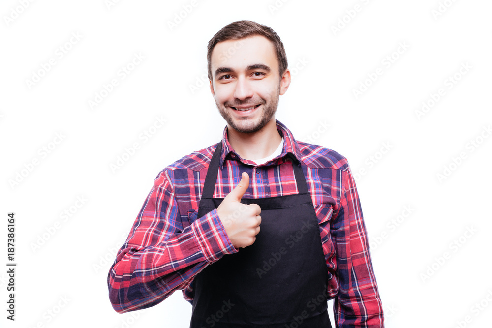 confident shopkeeper, cheef or worker in apron wear giving thumb up, concept of successful small business owner, shop manager, entrepreneur isolated on white background confident shopkeeper, cheef or worker in apron wear giving thumb up, concept of successful small business owner, shop manager, entrepreneur isolated on white background