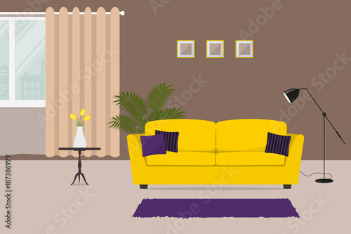Living room with a yellow sofa and purple pillows. There is a table with yellow tulips on a window background in the image. There is also a room flower and a lamp here. Vector illustration