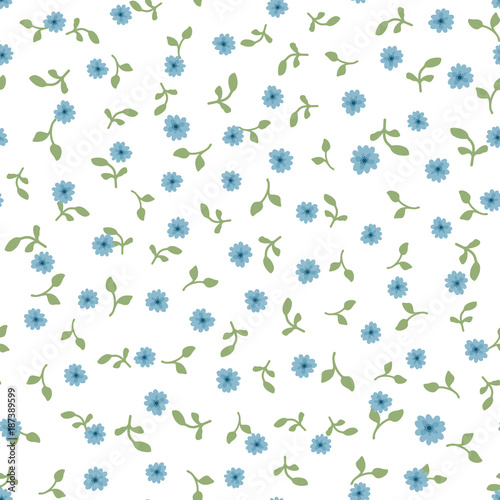 Cute floral seamless pattern. Repeated small blue flowers and green leaves on white background.