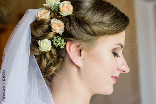 Beautiful bride portrait with veil over her face. portrait of young gorgeous bride. Wedding.
