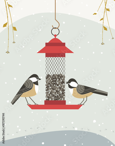 Cute black capped chickadee bird poster. Comic flat cartoon. Minimalism simplicity design. Winter birds feeding by sunflower seeds in feeder. Template birdwatching card background. Vector illustration