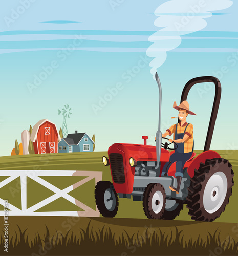 Red tractor and driver on  small farm