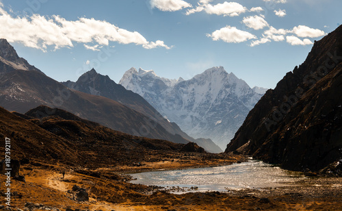 View to Gokyo, lake Dudh Pokhari, peak Gokyo Ri. Himalayas. photo