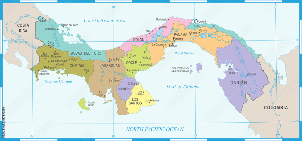 Obraz premium Mapa Panamy - Szczegółowa ilustracja wektorowa