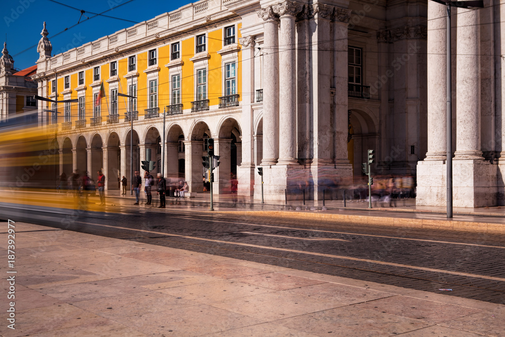 Long exposure shot .  Commerce square (Praca do Comercio) in Lisbon, Portugal .