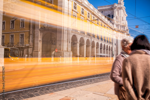  Long exposure shot .  Commerce square (Praca do Comercio) in Lisbon, Portugal .