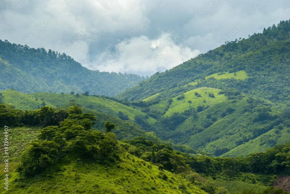 Fototapeta premium Summer landscape with mountains, cloudy sky, green grass and trees in Guatemala.