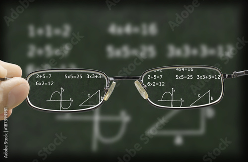 blurry vision of a green chalkboard with mathematic calculation on it corrected by the glasses