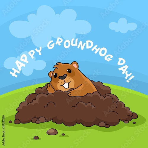 Illustration of the image "Happy Groundhog Day" with the inscription. Postcard for design on holiday. The marmot got out of the hole and sits bored and thinks.