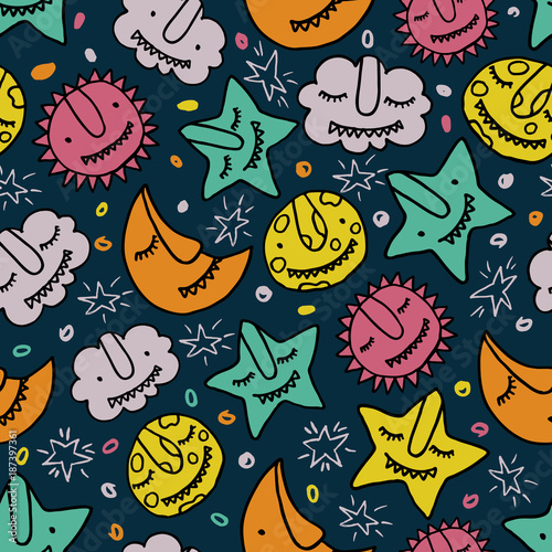 Vector kids seamless pattern with monsters sun, cloud, star, moon, crescent. ...