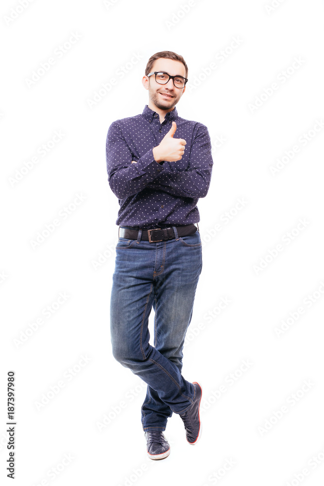 Man in business clothes which posing in studio and showing thumb up on isolated white background Man in business clothes which posing in studio and showing thumb up on isolated white background