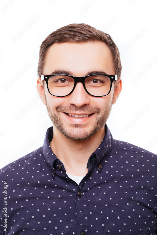 Portrait of hapy young smart man in glasses on white background Portrait of hapy young smart man in glasses on white background