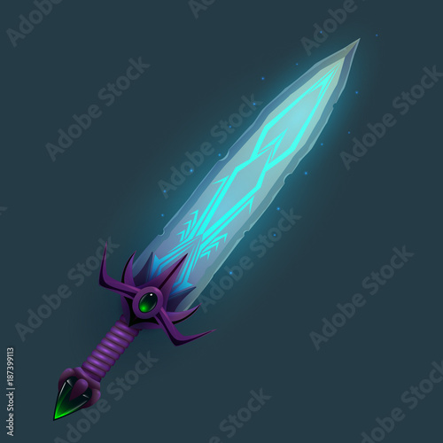 Enchanted runic sword.Fantasy magic weapon with transparent glow effect.Vector illustration for game,card,print