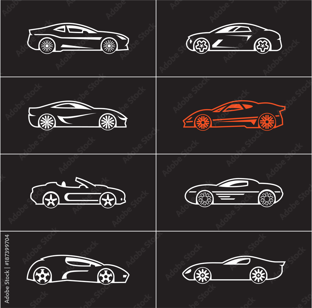 Sports car icons outline