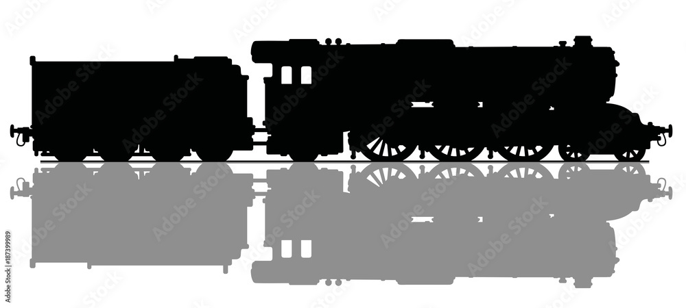 The black silhouette of a vintage steam locomotive