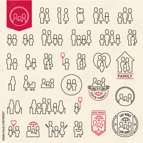 Family icons set. People line icons. Family and child logos.