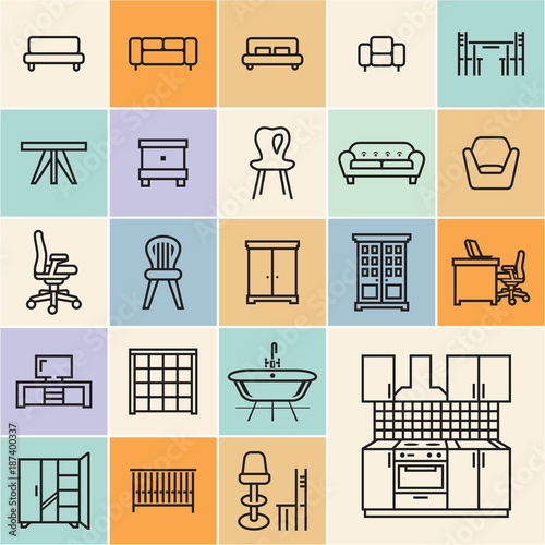 Furniture icons. Isolated flat furniture outline icons set.