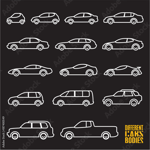 linear cars icons set, different bodies of cars
