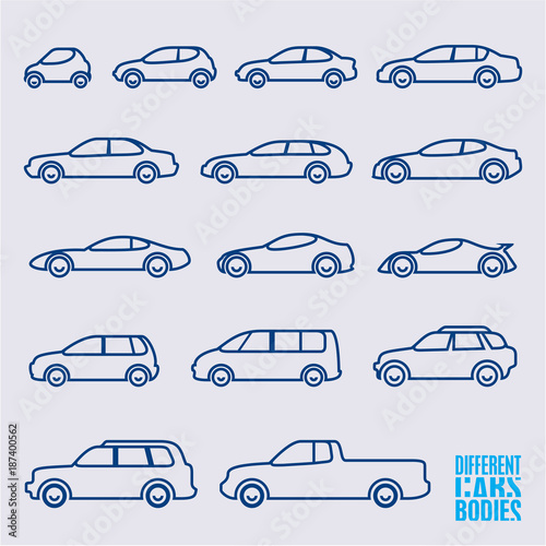 linear cars icons set, different bodies of cars