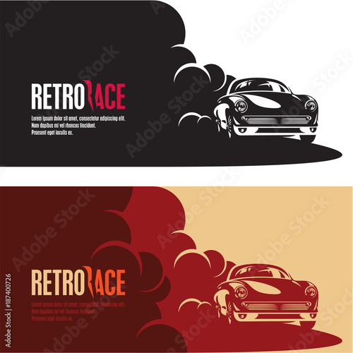 retro car race banner, retro style sports car vector silhouette, car racing in a puff of smoke