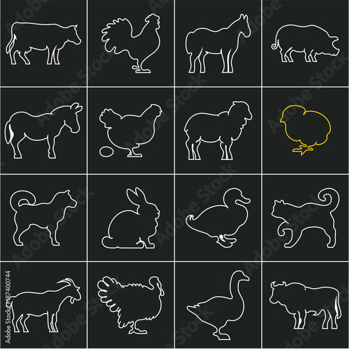 Domestic animals line icons set. Farm animals. Animals icons outline.