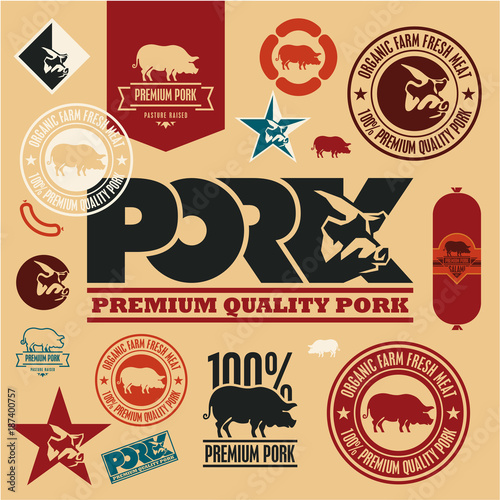 pork labels and badges vector set, premium pork logo, pig icon,