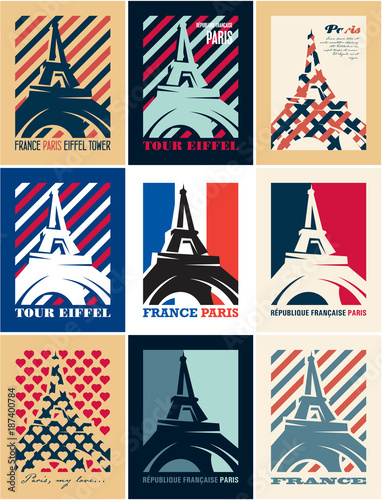 Canvas Print Paris, Eiffel tower, France, Retro Vintage Posters templates, Art Deco style pos