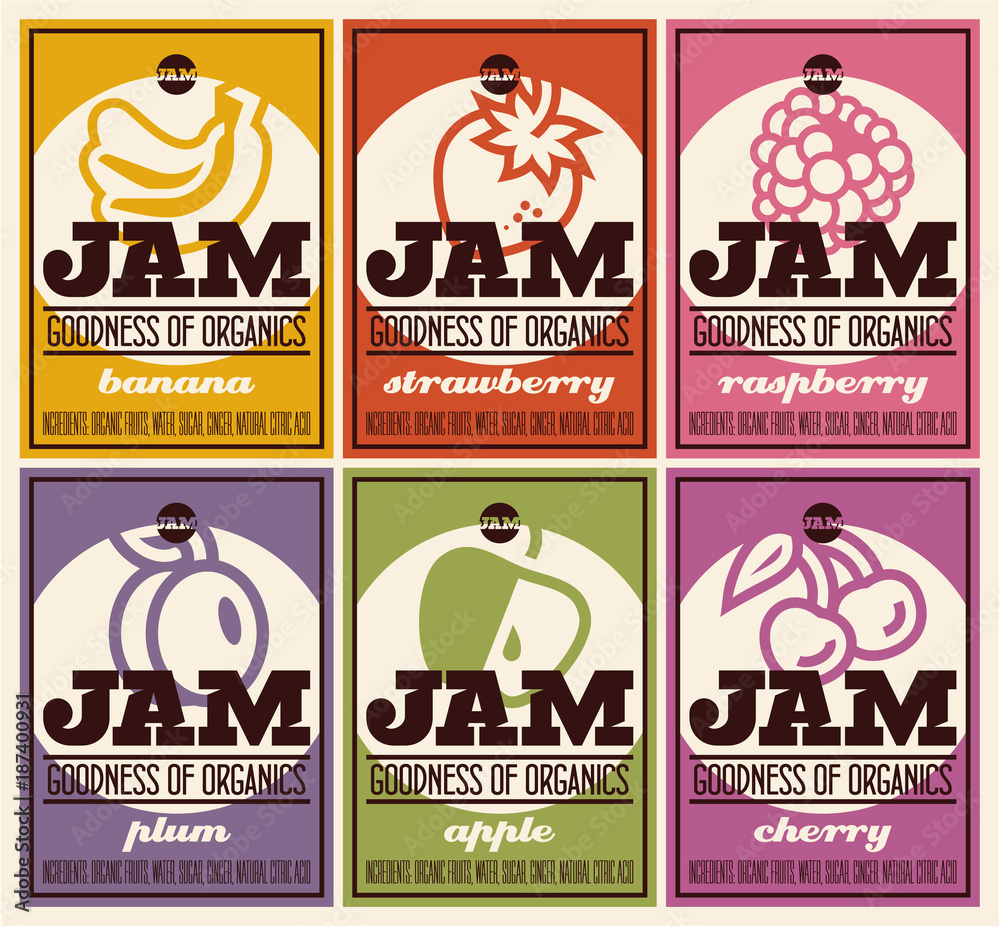 organic fruits jam labels retro vintage style design, fruits label design, labels design template  for jam, banana jam, strawberry jam, raspberry jam, plum jam, apple jam, cherry jam