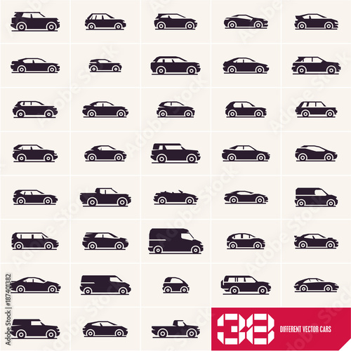 Cars icons set, different vector car types silhouettes