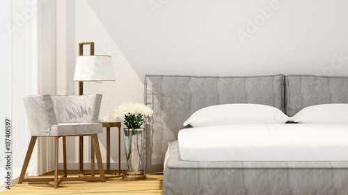 Bedroom and living area in hotel or home on sunshine day - bedroom artwork room for rent fo apartment or other room - 3D Rendering © CHOTi