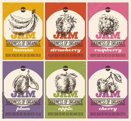 Hand drawn sketch fruits labels set. Organic fruits labels retro vintage style design, labels design template for banana, strawberry, raspberry, plum, apple, cherry jam