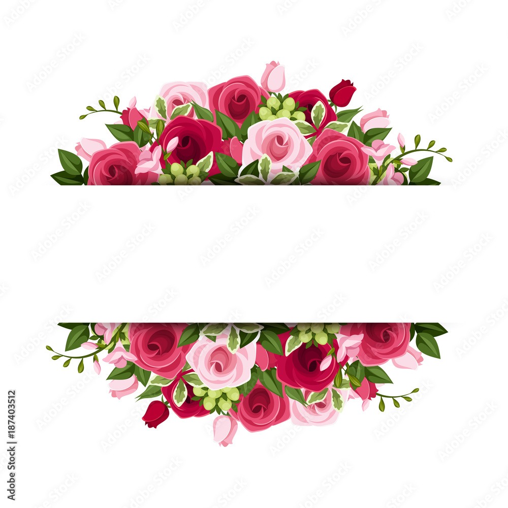 Vector banner with red and pink roses and freesia flowers and green leaves.
