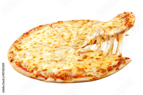 Pizza Margarita with mozzarella cheese, basil and tomato, template for your design and menu of restaurant, isolated white background.