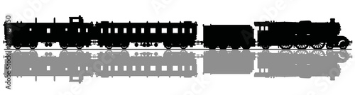 The black silhouette of a vintage passenger steam train