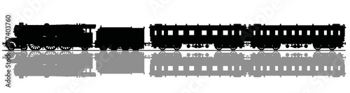 The black silhouette of a vintage passenger steam train
