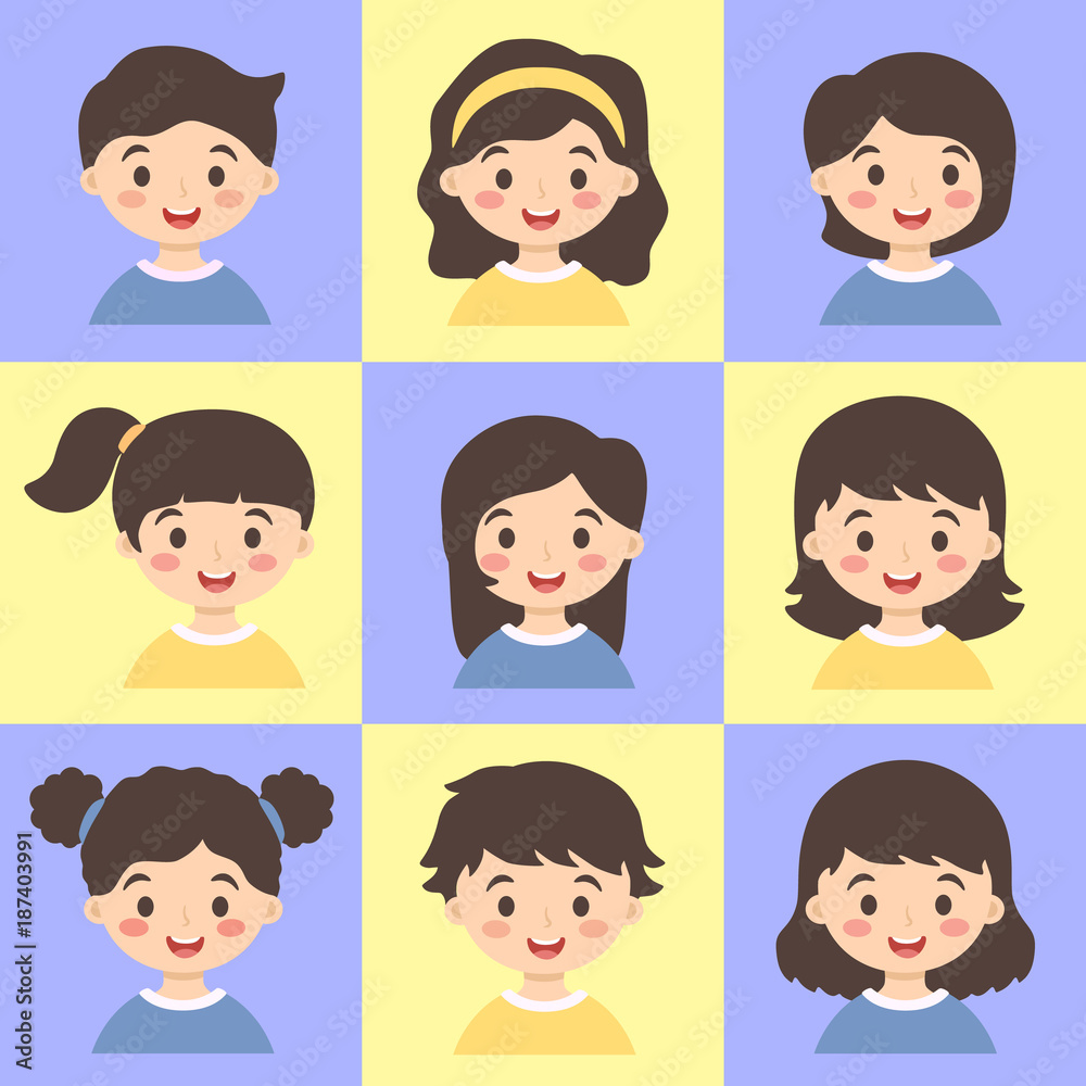 Cute kids face avatar cartoon character with different hair style vector illustration set Cute kids face avatar cartoon character with different hair style vector illustration set