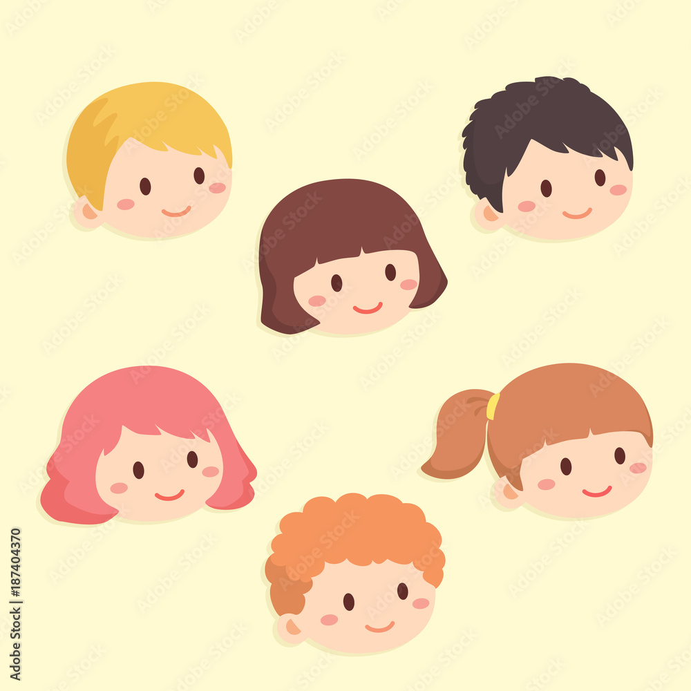 Cute Kids Character head with different hair style Vector illustration set. Cute Kids Character head with different hair style Vector illustration set.