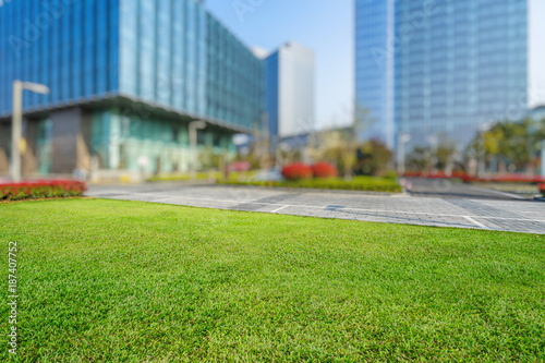 beautiful green meadow near modern office building © hallojulie