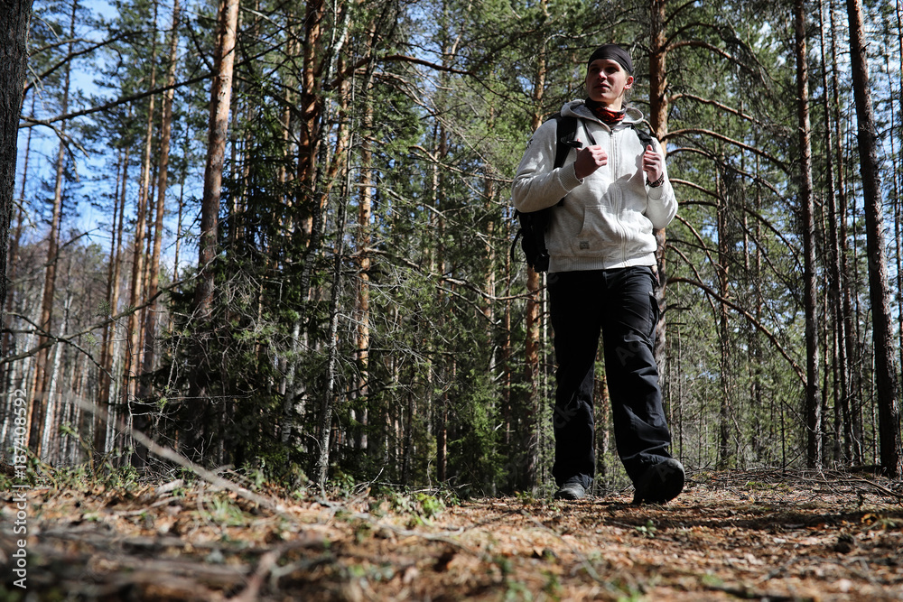 A man is a tourist in a pine forest with a backpack. A hiking tr A man is a tourist in a pine forest with a backpack. A hiking tr