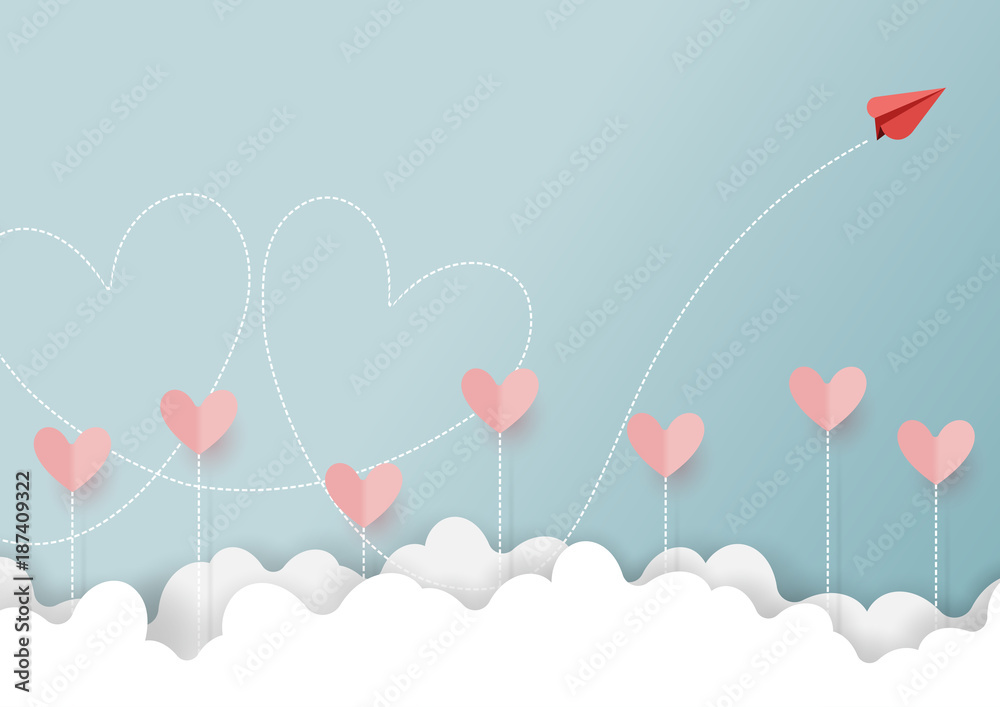 Fototapeta Styl sztuki papieru Walentynki kartkę z życzeniami i pojęcie miłości. Czerwony papierowy samolot latający wyglądać jak para kształt serca na chmury i błękitne niebo. Ilustracja wektorowa.