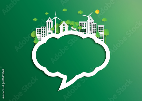 Nature landscape background of paper art style.Speech bubble of green eco friendly city and renewable energy of environment conservation concept.Vector illustration.