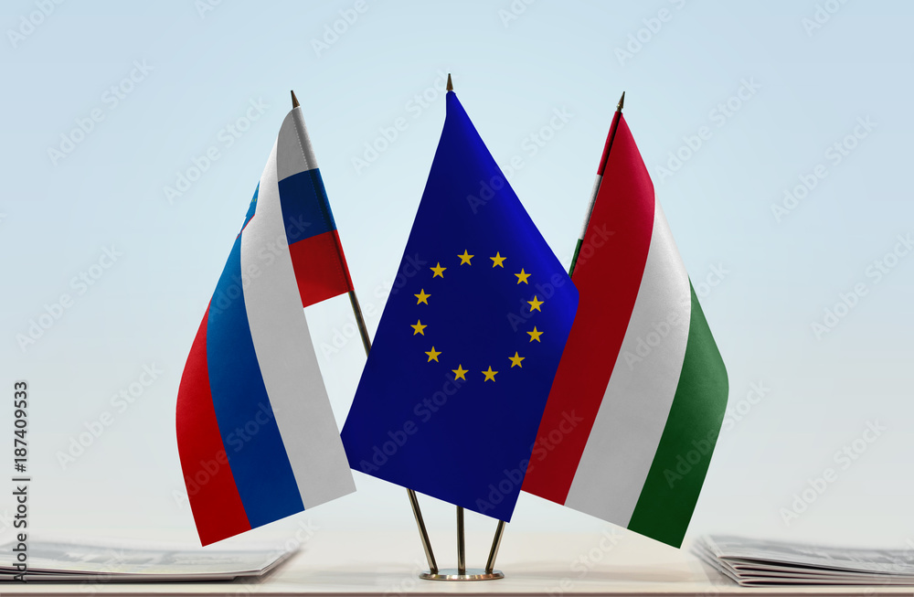 Flags of Slovenia European Union and Hungary