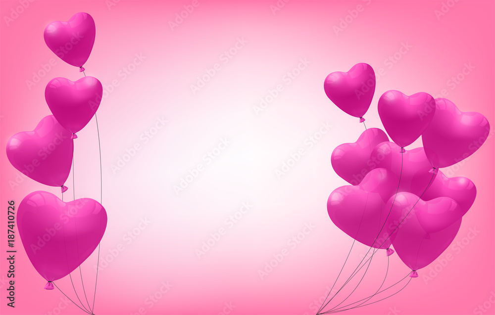 Pink heart balloons on a pink background for Valentine's day, vector and illustration.