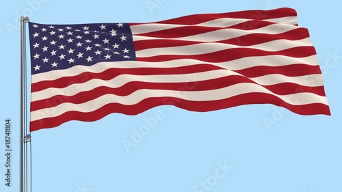 Isolated large cloth in the colors of USA on a flagpole fluttering in the wind on a transparent background, 3d rendering, PNG format with Alpha channel transparency