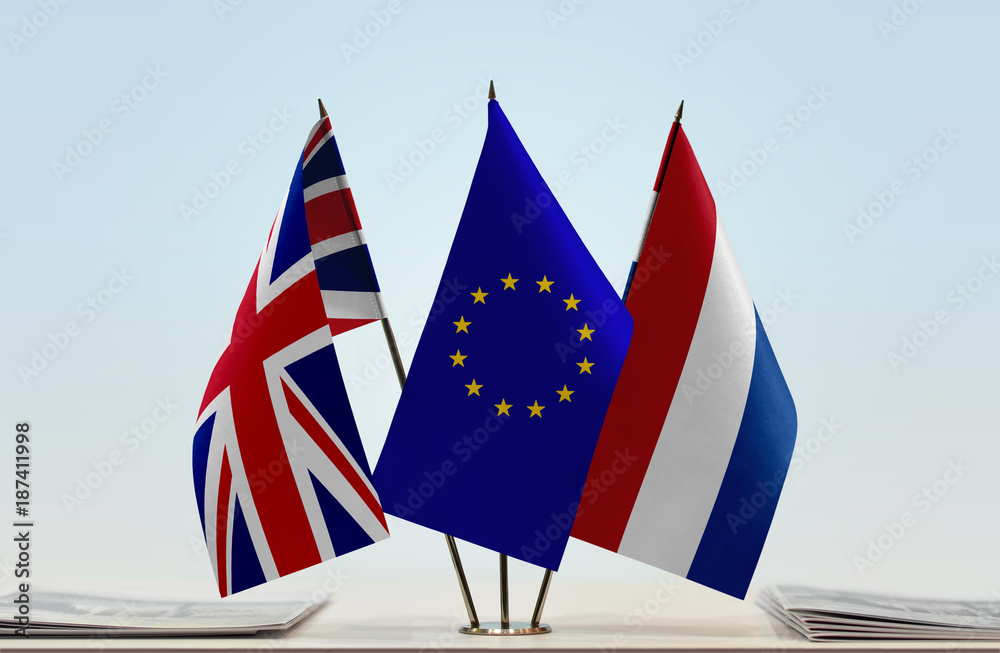 Flags of United Kingdom European Union and Netherlands