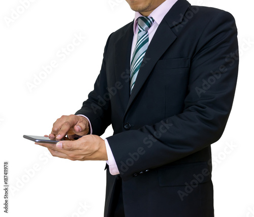 Businessmen hold a smartphone with digital pattern to view social data technology white background