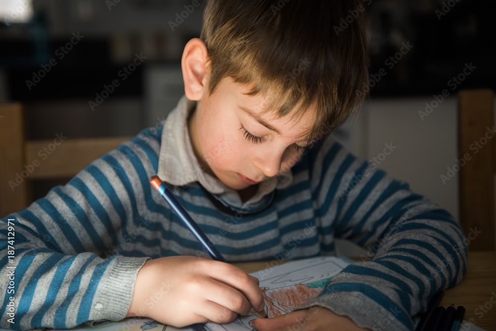 boy doing homeowrk at kitchen table boy doing homeowrk at kitchen table