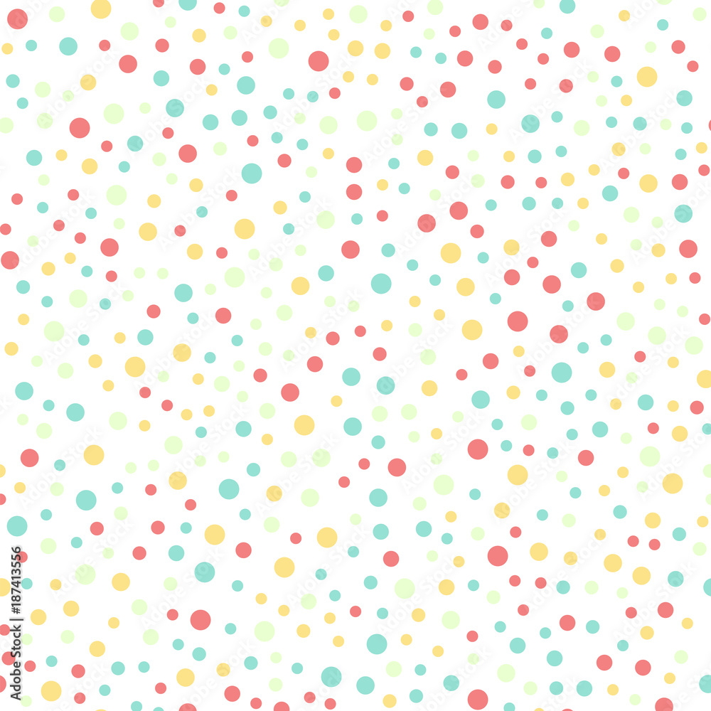 Colorful polka dots seamless pattern on black 16 background. Exceptional classic colorful polka dots textile pattern. Seamless scattered confetti fall chaotic decor. Abstract vector illustration. - obrazy, fototapety, plakaty 