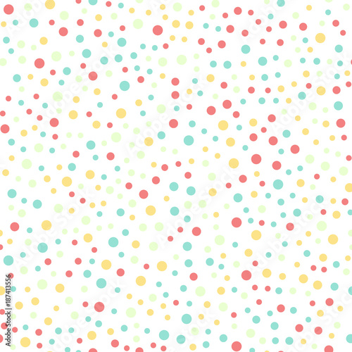 Colorful polka dots seamless pattern on black 16 background. Exceptional classic colorful polka dots textile pattern. Seamless scattered confetti fall chaotic decor. Abstract vector illustration.